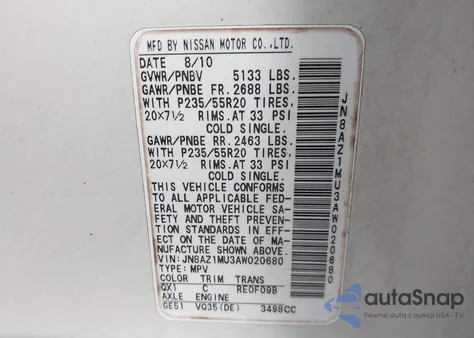 2010 Nissan Murano Le z USA, uszkodzony, nr VIN JN8AZ1MU3AW020680